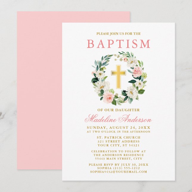 Invitation Elégant Aquarelle rose Floral Wreath Or Baptême (Devant / Derrière)