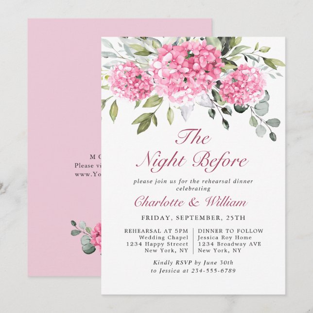 Invitation Elégant Aquarelle Rose Hydrangea Rehearsal Diner (Devant / Derrière)