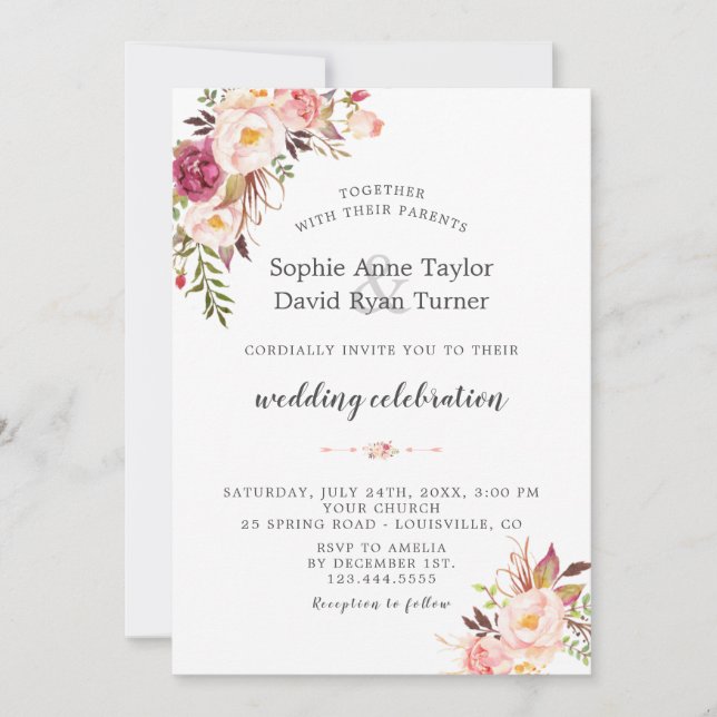 Invitation Elégant Aquarelle rose pâle Fleurs Mariage (Devant)