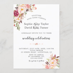 Invitation Elégant Aquarelle rose pâle Fleurs Mariage