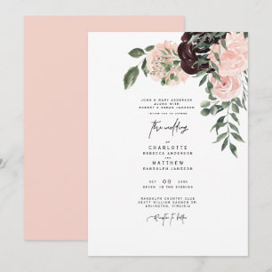 Invitation Élégant aquarelle rose & vin floral mariage