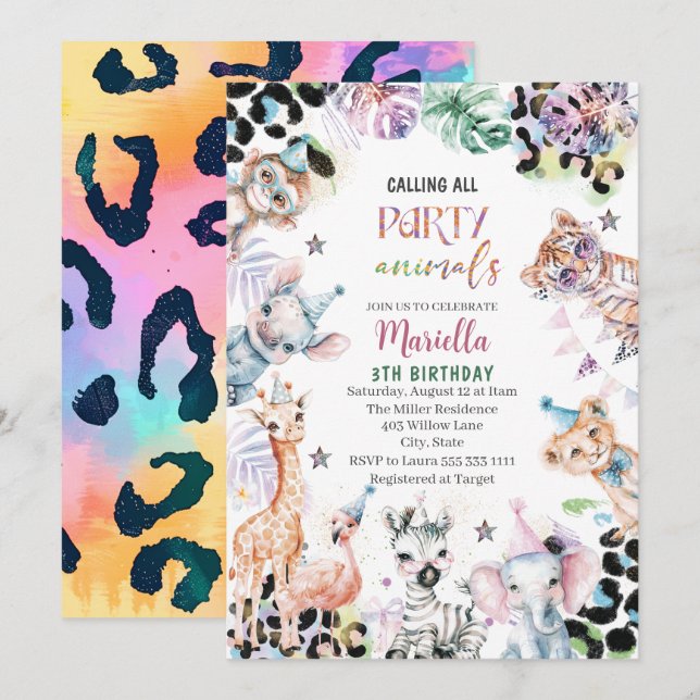 Invitation Elégant Aquarelle sauvage enfant safari animaux 3T (Devant / Derrière)