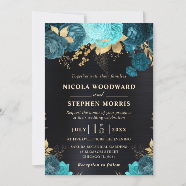 Invitation Elégant Aquarelle Turquoise et or Fleurs Mariage (Devant)