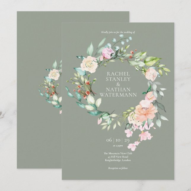 Invitation Elégant Aquarelle Verdure Floral Mariage (Devant / Derrière)
