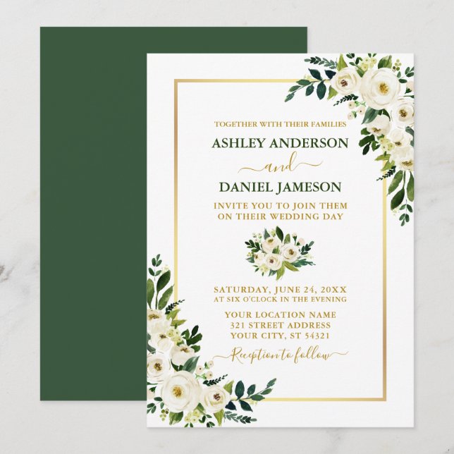 Invitation Élégant aquarelle vert blanc floral or mariage (Devant / Derrière)
