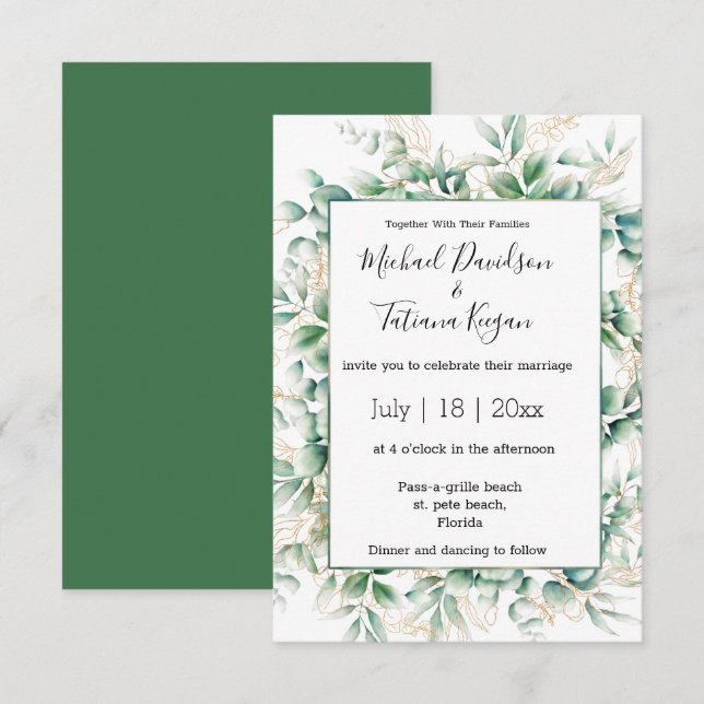 Invitation élégant aquarelle vert or feuille mariage (Devant / Derrière)