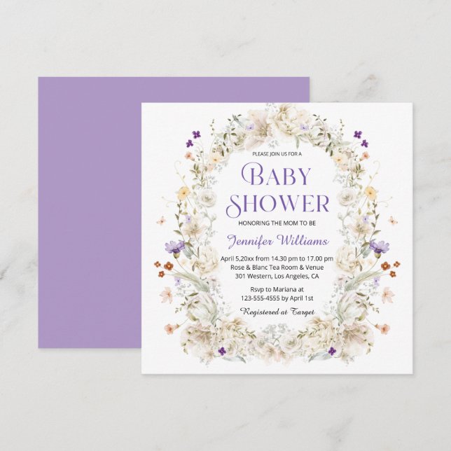 Invitation élégant aquarelle violet baby shower botanique (Devant / Derrière)