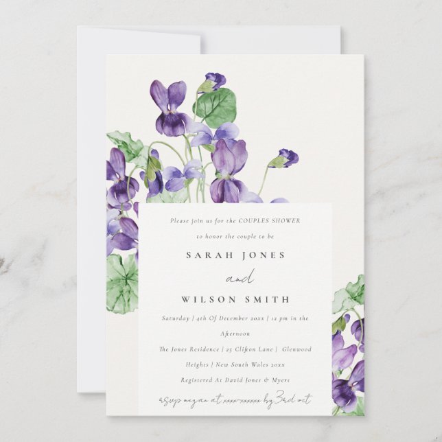 Invitation Elégant Aquarelle Violet Floral Couples Douche (Devant)