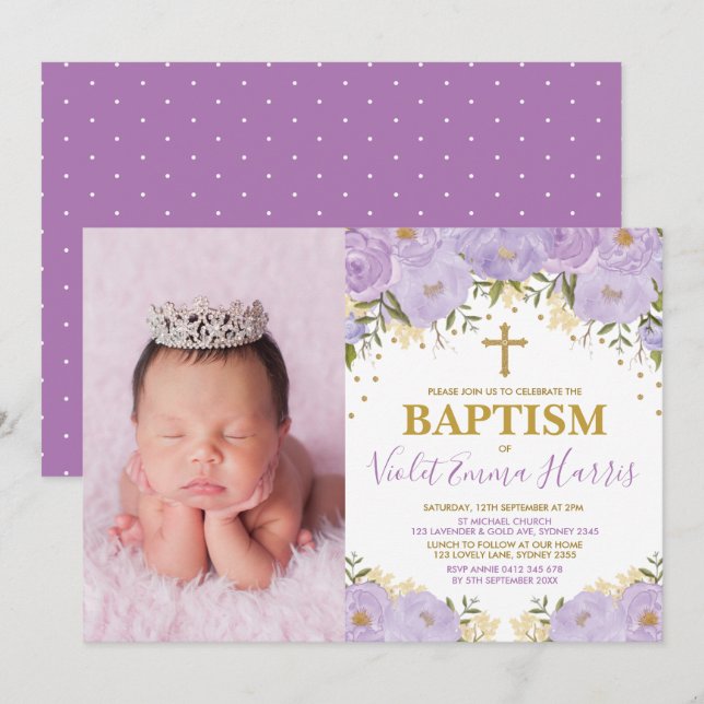 Invitation Elégant aquarelle violet floral Lavande Baptême (Devant / Derrière)
