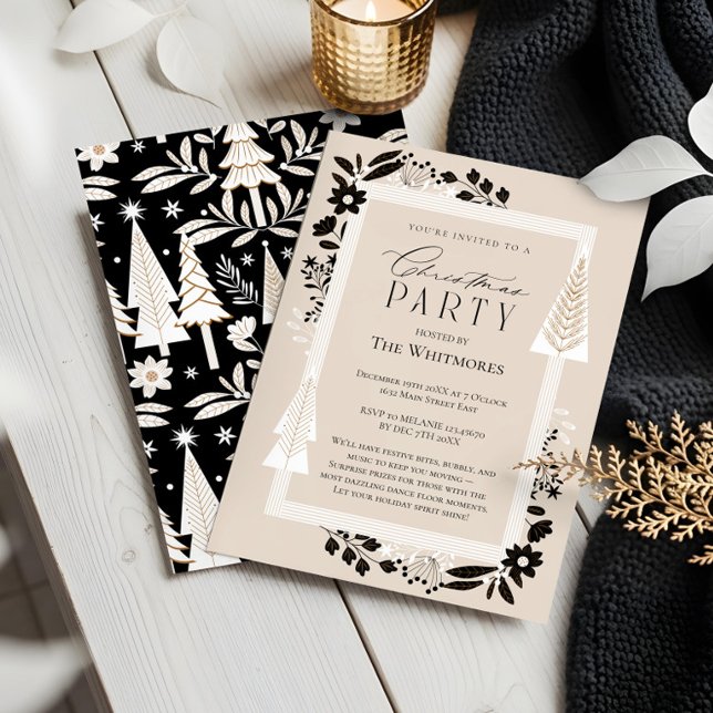 Invitation Élégant arbre À feuillage persistant et fête de No (Elegant Evergreen Trees & Floral Christmas Party Invitation)