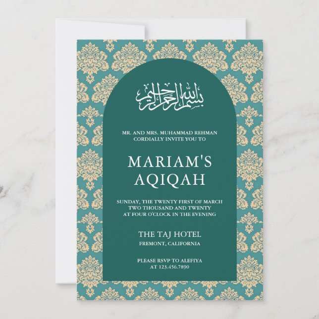 Invitation Élégant Arc arabe damassé Turquoise Aqiqah (Devant)
