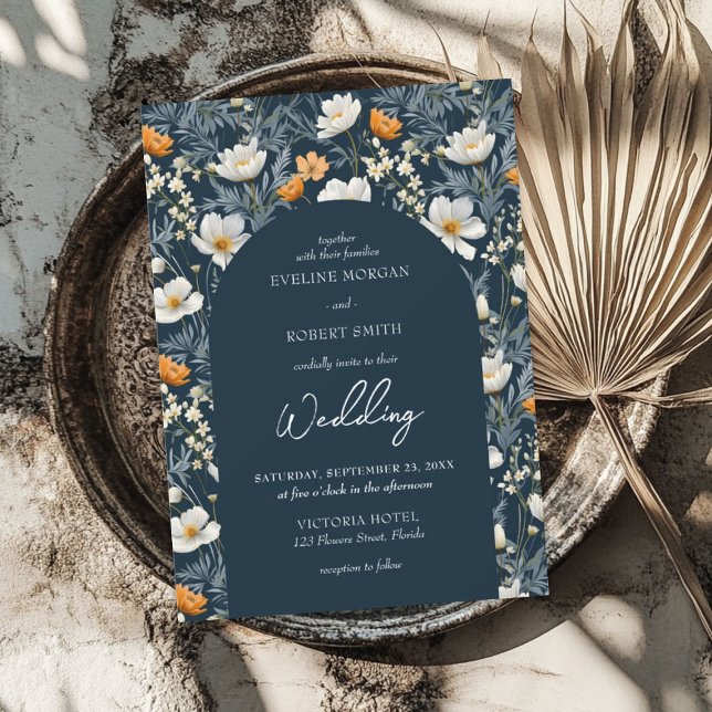 Invitation Elégant arc de marine de fleurs sauvages jaunes et (Elegant yellow and white wild flowers navy arch invitation)