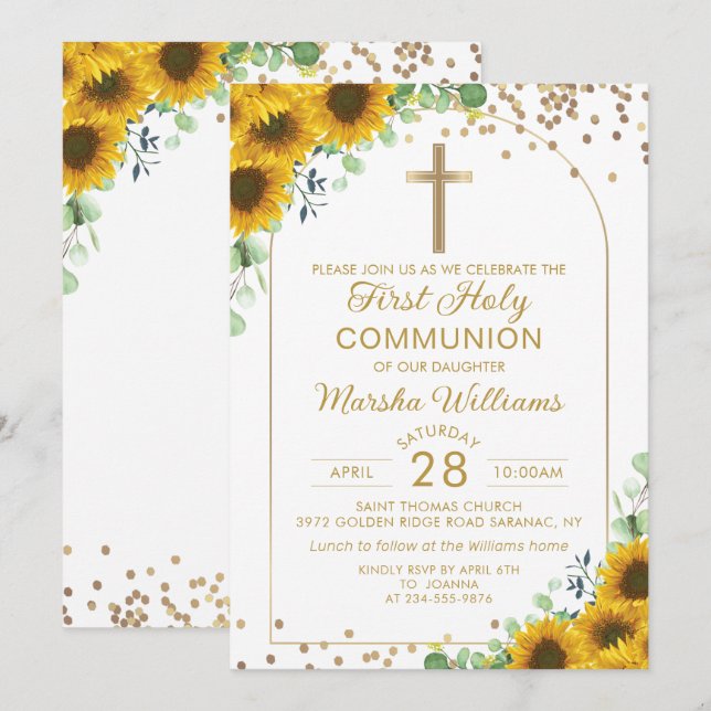 Invitation Élégant Arc de tournesol or première sainte commun (Devant / Derrière)