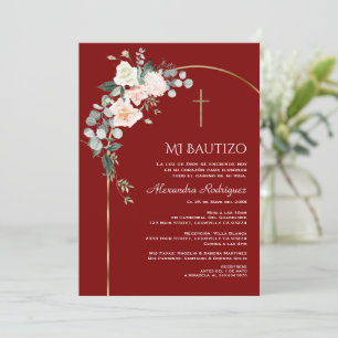 Invitation Elégant Arc Or Floral Bourgogne espagnol Bautizo