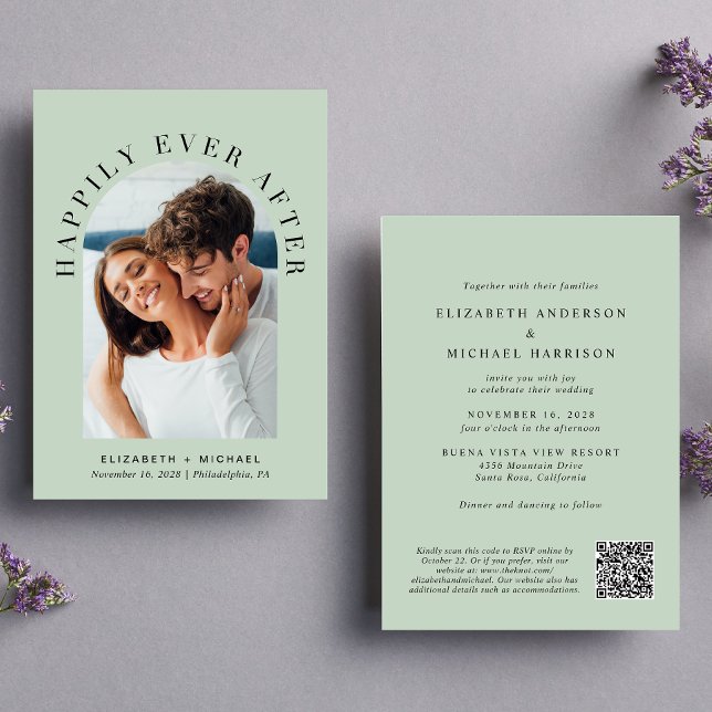 Invitation Élégant Arc Photo Code QR Tout en un seul Mariage (Celebrate your love story with an invitation showcasing your favorite photo in an elegant arch frame)