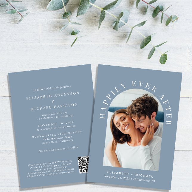 Invitation Elégant Arc Photo QR Code Dusty Blue Mariage (Celebrate your love story with an invitation showcasing your favorite photo in an elegant arch frame)
