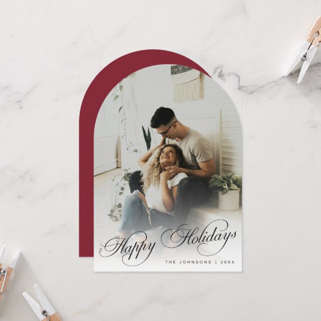 Invitation Elegant Arch Photo Red Christmas Holiday Card (Devant/Arrière en situation)