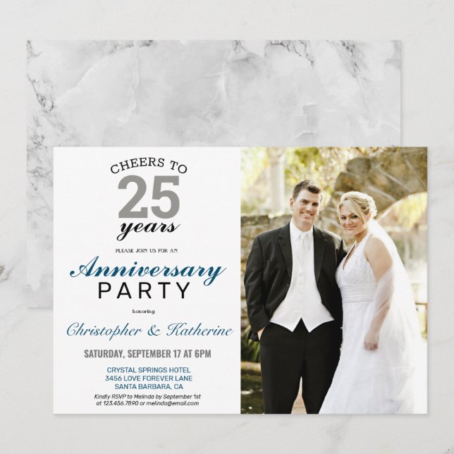 Invitation Élégant Argent 25e Anniversaire de Mariage (Devant / Derrière)