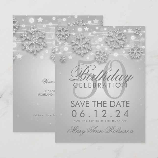 Invitation Elégant Argent 50e anniversaire Enregistrer la dat (Devant / Derrière)