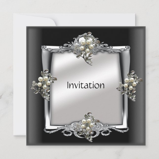 Invitation Elegant Argent Black Pearl Jewel (Devant)