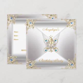 Invitation Elégant Argent Blanc Or Bleu Bijou Anniversaire