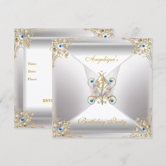 Invitation Elégant Argent Blanc Or Bleu Bijou Anniversaire (Devant / Derrière)