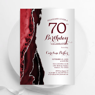 Invitation Elégant Argent Bourgogne Rouge âge 70e anniversair
