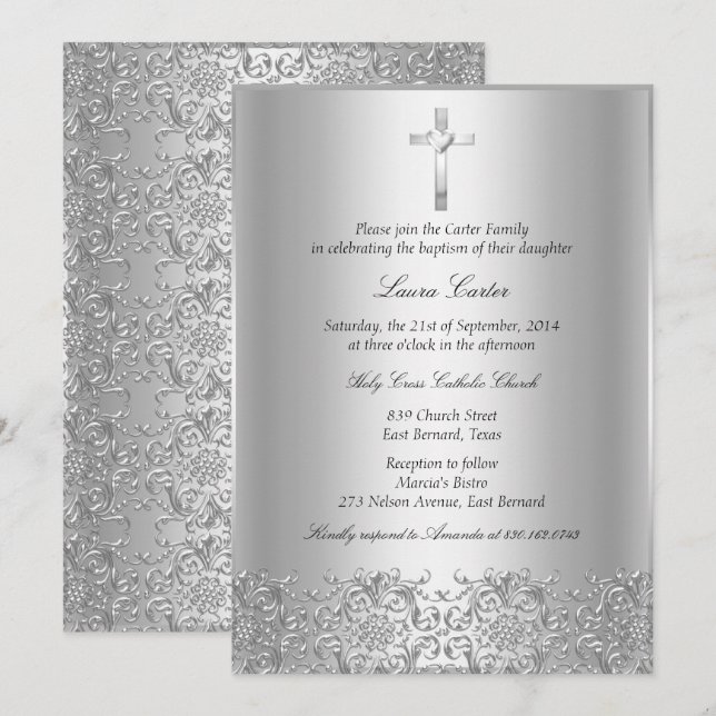Invitation Elégant Argent Damas & Cross Baptism/Christening (Devant / Derrière)