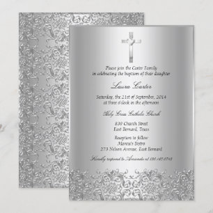 Invitation Elégant Argent Damas & Cross Baptism/Christening