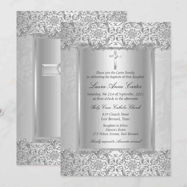 Invitation Elégant Argent Damask Cross Baptism / Christening (Devant / Derrière)