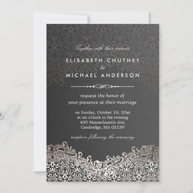 Invitation Elégant Argent Damask - Mariage classique (Devant)