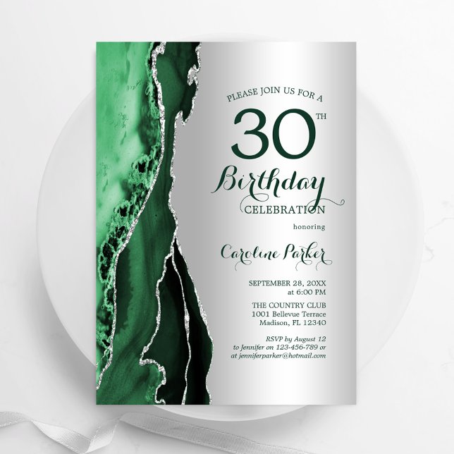 Invitation Élégant Argent Emerald Green Agate 30e anniversair (Créateur téléchargé)