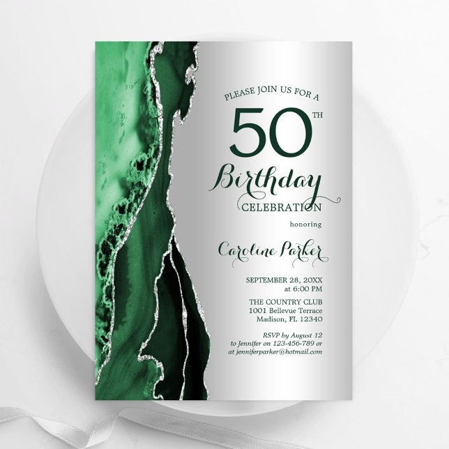Invitation Élégant Argent Emerald Green Agate 50e anniversair (Créateur téléchargé)
