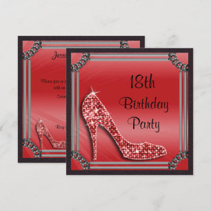 Invitation Elégant Argent encadré Red Stiletto 18e anniversai