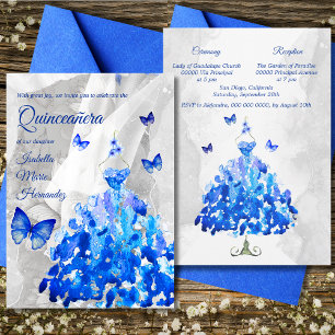Invitation Elégant argent et papillons bleus Quinceañera