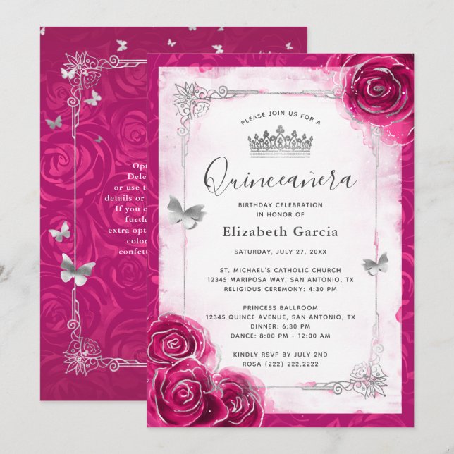 Invitation Elégant argent floral et Fuchsia Quinceanera (Devant / Derrière)