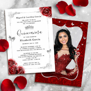 Invitation Elégant argent floral et Quinceanera rouge photo