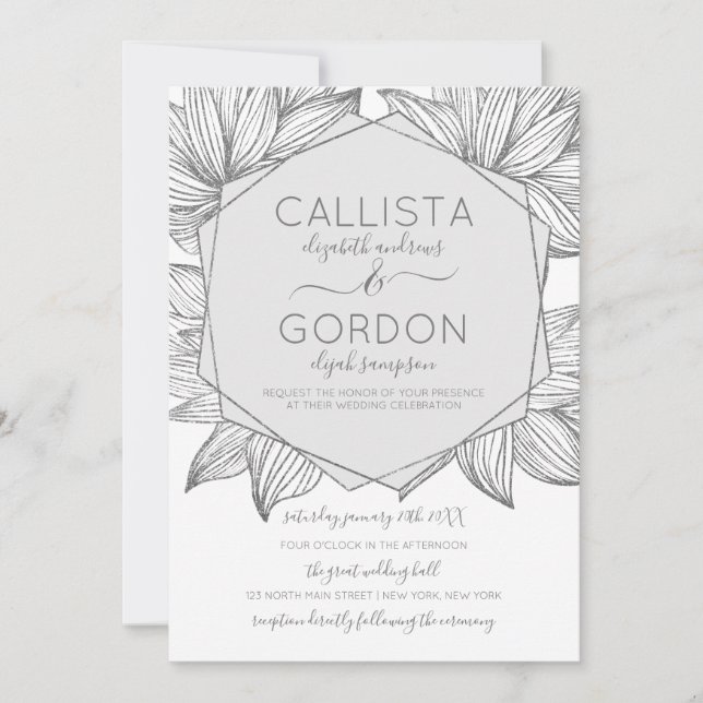 Invitation Élégant Argent Floral Hexagon Terrarium Mariage (Devant)