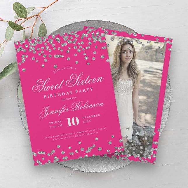 Invitation Élégant Argent Hot rose Confetti Photo Sweet 16 (Elegant Silver Hot Pink Confetti Photo Sweet 16 Invitation)