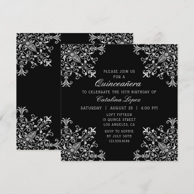 Invitation Elégant argent noir Ornate Floral Quinceañera (Devant / Derrière)
