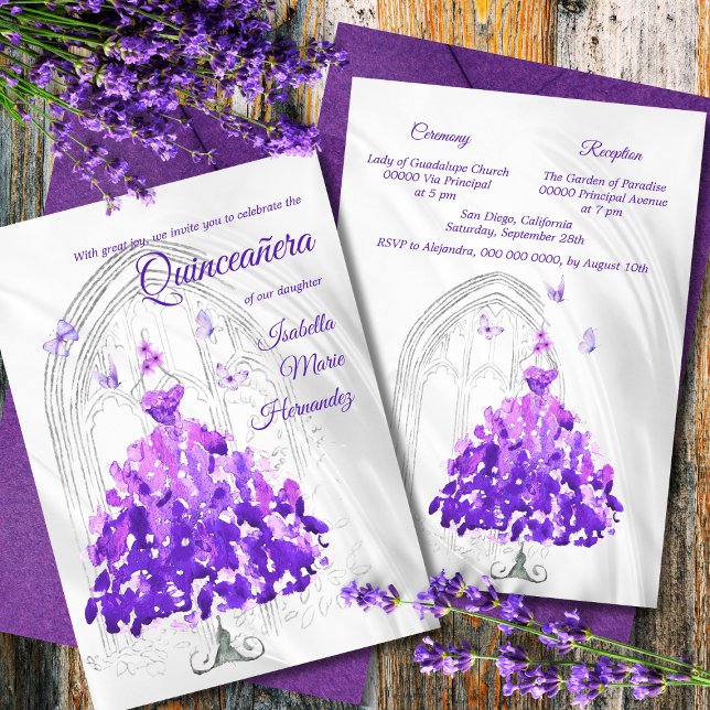 Invitation Élégant Argent & Papillons pourpres Quinceañera (Créateur téléchargé)
