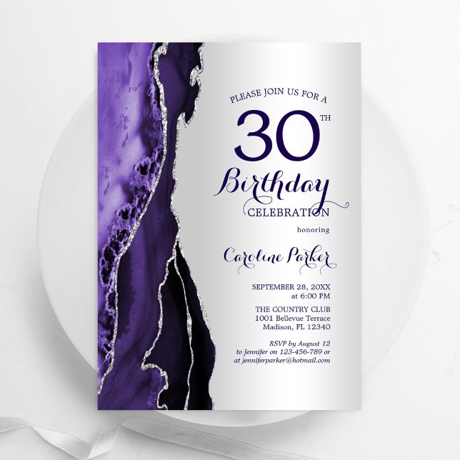 Invitation Elégant Argent Purple Agate 30e anniversaire (Créateur téléchargé)