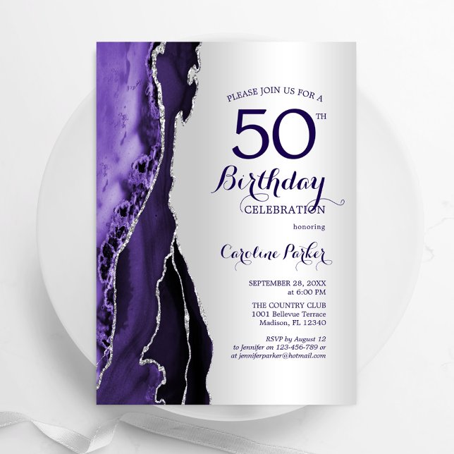 Invitation Elégant Argent Purple Agate 50e anniversaire (Créateur téléchargé)