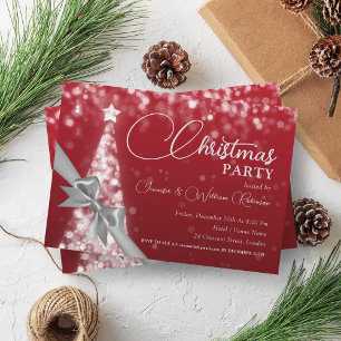 Invitation Élégant Argent Rouge Chatoyant Noël Arbre