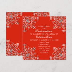 Invitation Elégant Argent Rouge Orné Floral Quinceañera