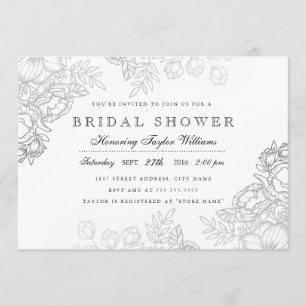Invitation Élégant Argent Vintage Floral Fête des mariées Inv