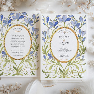Invitation Elégant Art Nouveau Dusty Mariage Bleu & Or