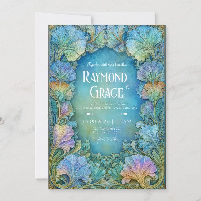 Invitation Elegant Art Nouveau Teal Mosaic Floral Wedding (Devant)