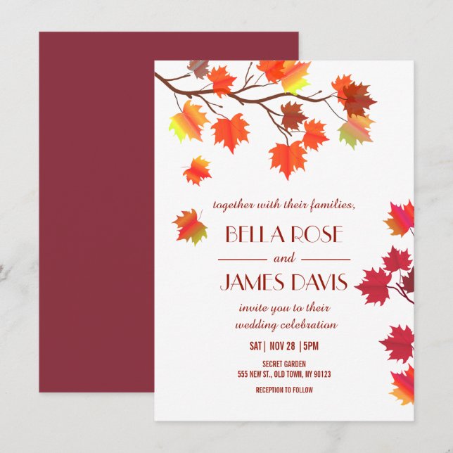 Invitation Elégant automne automne Bourgogne Mariage Invitati (Devant / Derrière)
