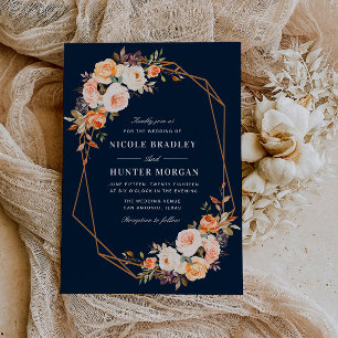 Invitation élégant automne floral marine bleu mariage géométr